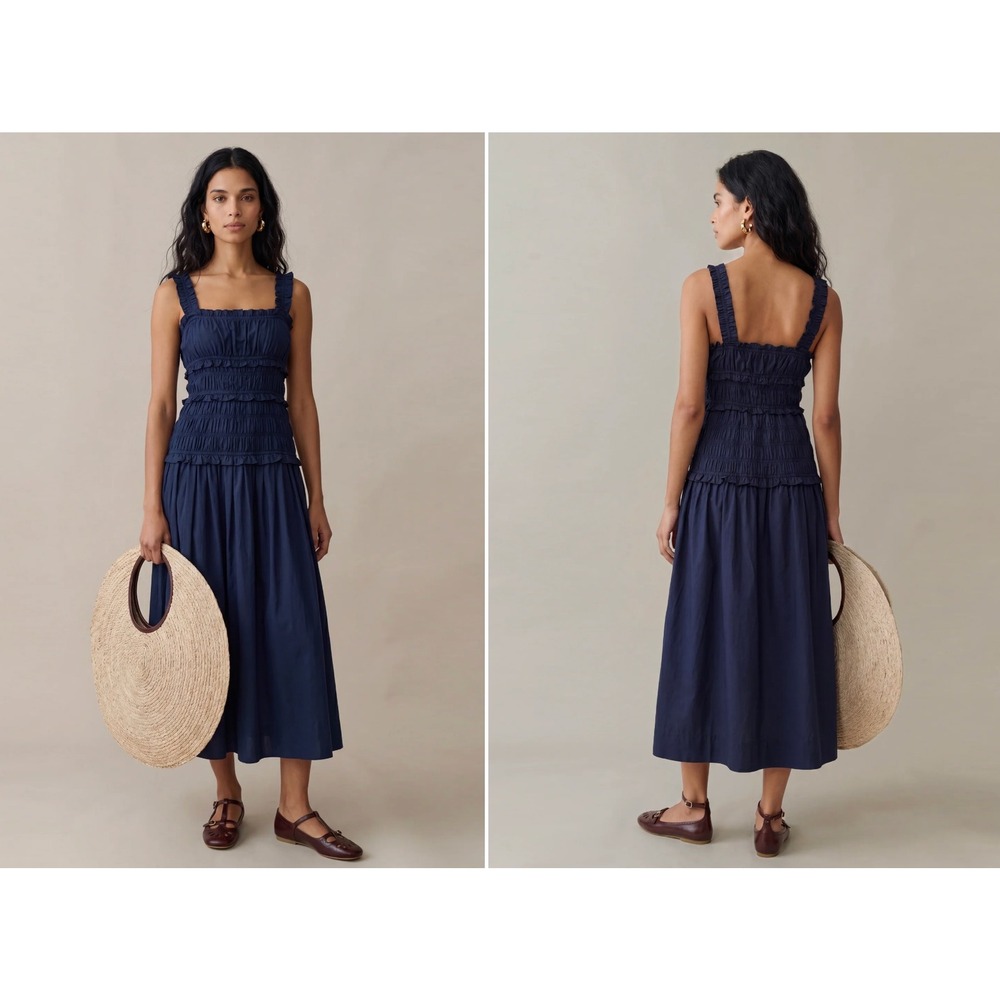o.p.t One Pretty Time Navy Blue Smocked Ruffle Strap Cotton Maxi Dress Medium